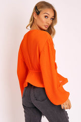 Orange Extreme Plunge Structured Peplum Pleated Top - Ivy-Tops
