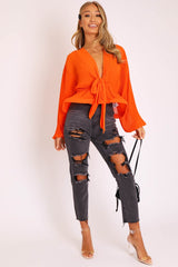 Orange Extreme Plunge Structured Peplum Pleated Top - Ivy-Tops