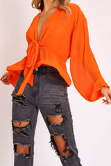 Orange Extreme Plunge Structured Peplum Pleated Top - Ivy-Tops