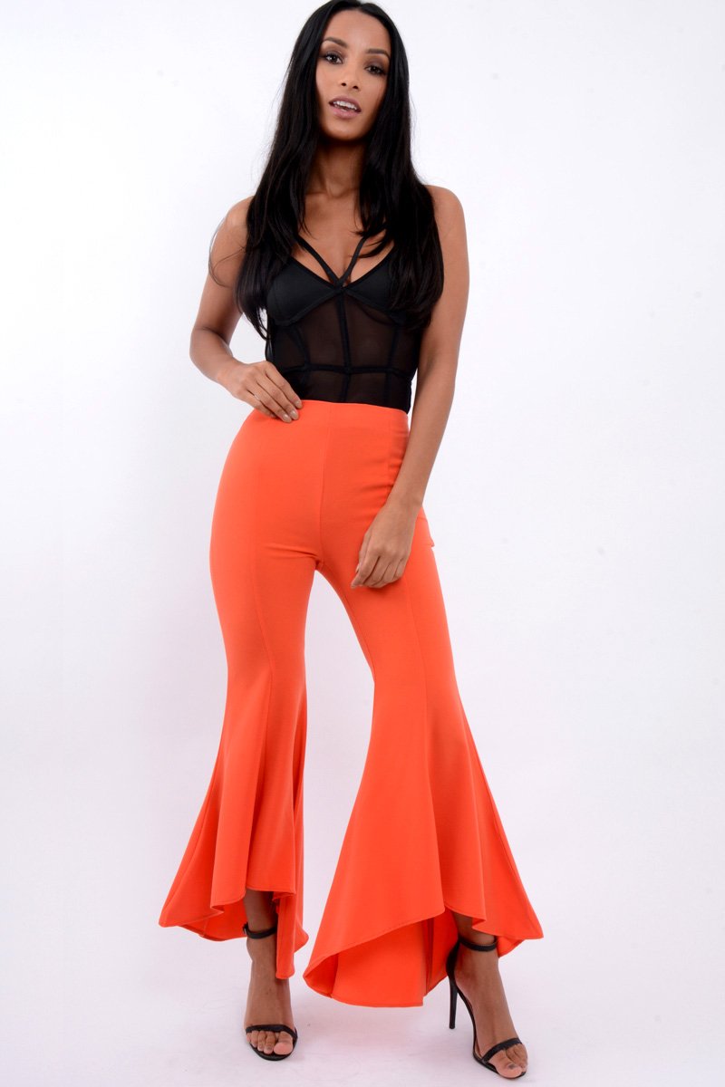 Orange Flare Dip Hem Trousers - Fraya-Trousers