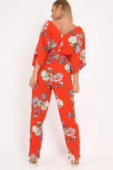 Orange Floral Kimono Sleeve Jumpsuit - Pilar-Jumpsuits