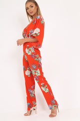 Orange Floral Kimono Sleeve Jumpsuit - Pilar-Jumpsuits