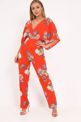 Orange Floral Kimono Sleeve Jumpsuit - Pilar-Jumpsuits