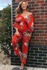Orange Floral Kimono Sleeve Jumpsuit - Pilar-Jumpsuits
