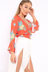 Orange Floral Plunge Gypsy Crop Top - Tiegan-Tops