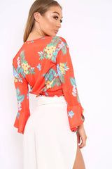 Orange Floral Plunge Gypsy Crop Top - Tiegan-Tops