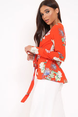 Orange Floral Plunge Tie Front Shirt - Halina-Shirts
