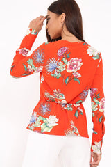Orange Floral Plunge Tie Front Shirt - Halina-Shirts