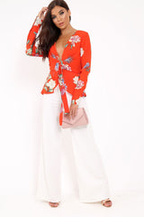 Orange Floral Plunge Tie Front Shirt - Halina-Shirts