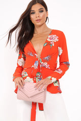 Orange Floral Plunge Tie Front Shirt - Halina-Shirts