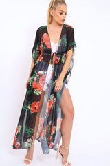 Orange Floral Print Long Kimono - Vonda-Jackets