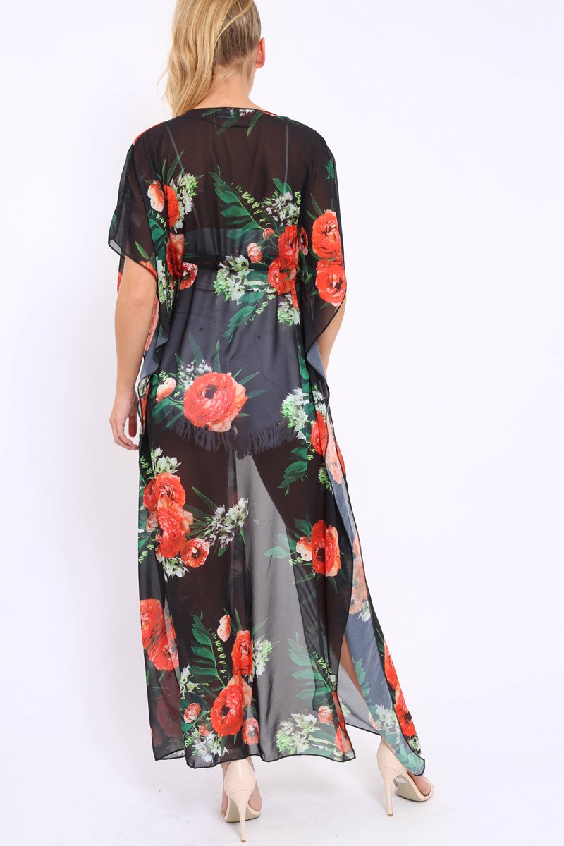 Orange Floral Print Long Kimono - Vonda-Jackets