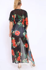 Orange Floral Print Long Kimono - Vonda-Jackets