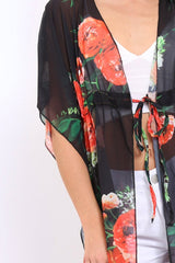 Orange Floral Print Long Kimono - Vonda-Jackets
