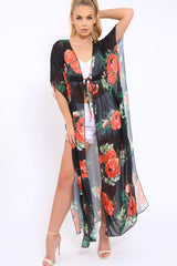 Orange Floral Print Long Kimono - Vonda-Jackets