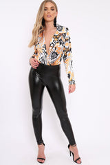 Orange Floral Print Plunge Satin Bodysuit - Hetty-Bodysuits