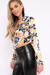 Orange Floral Print Plunge Satin Bodysuit - Hetty-Bodysuits