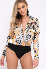 Orange Floral Print Plunge Satin Bodysuit - Hetty-Bodysuits