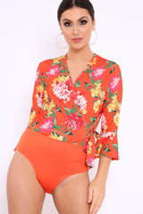 Orange Floral Wrap Side Tie Bodysuit - Lincy-Bodysuits