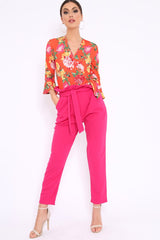 Orange Floral Wrap Side Tie Bodysuit - Lincy-Bodysuits