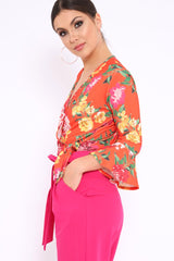 Orange Floral Wrap Side Tie Bodysuit - Lincy-Bodysuits