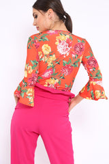 Orange Floral Wrap Side Tie Bodysuit - Lincy-Bodysuits