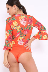Orange Floral Wrap Side Tie Bodysuit - Lincy-Bodysuits