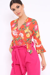 Orange Floral Wrap Side Tie Bodysuit - Lincy-Bodysuits