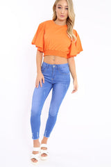 Orange Frill Sleeve Crop Top - Siobhan-Crop Tops