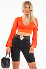 Orange Frill Sleeve Plunge Neck Crop Top - Michaella-Crop Tops