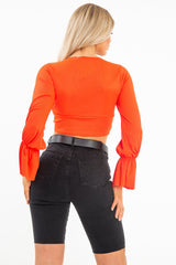 Orange Frill Sleeve Plunge Neck Crop Top - Michaella-Crop Tops