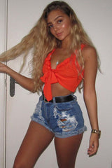 Orange Frill Tie Front Crop Top - Adali-Crop Tops