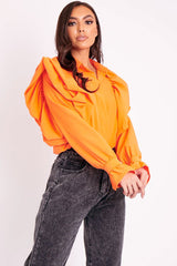 Orange Full Length Ruffle Sleeve Shirt - Keisha-Shirts
