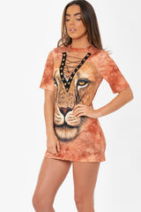 Orange Graphic Print Lace Up T-shirt Dress - Brody-Dresses