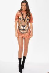 Orange Graphic Print Lace Up T-shirt Dress - Brody-Dresses