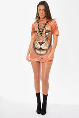 Orange Graphic Print Lace Up T-shirt Dress - Brody-Dresses