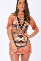 Orange Graphic Print Lace Up T-shirt Dress - Brody-Dresses