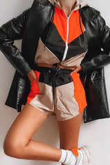 Orange Grey Black Colour Block Hooded Jacket Shorts Tracksuit Co-ord - Jettie-Co-ords
