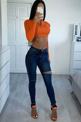 Orange Half Zip Rib Crop Jumper - Elisea-Crop Jumper