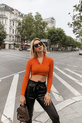 Orange Half Zip Rib Crop Jumper - Elisea-Crop Jumper