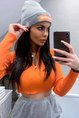 Orange Half Zip Rib Crop Jumper - Elisea-Crop Jumper