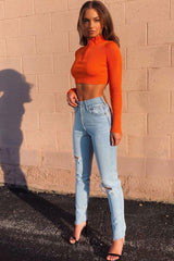 Orange Half Zip Rib Crop Jumper - Elisea-Crop Jumper