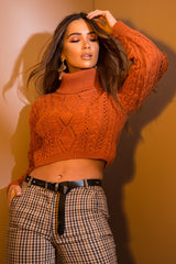 Orange High Neck Cropped Cable Knit Jumper - Sandria-Crop Jumper