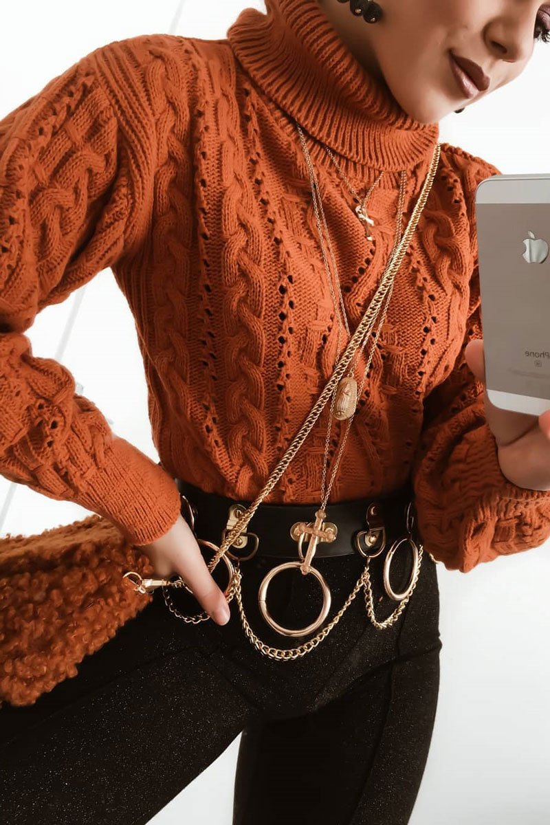 Orange High Neck Cropped Cable Knit Jumper - Sandria-Crop Jumper