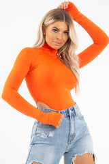 Orange High Neck Long Sleeve High Leg Bodysuit - Shyona-Bodysuits