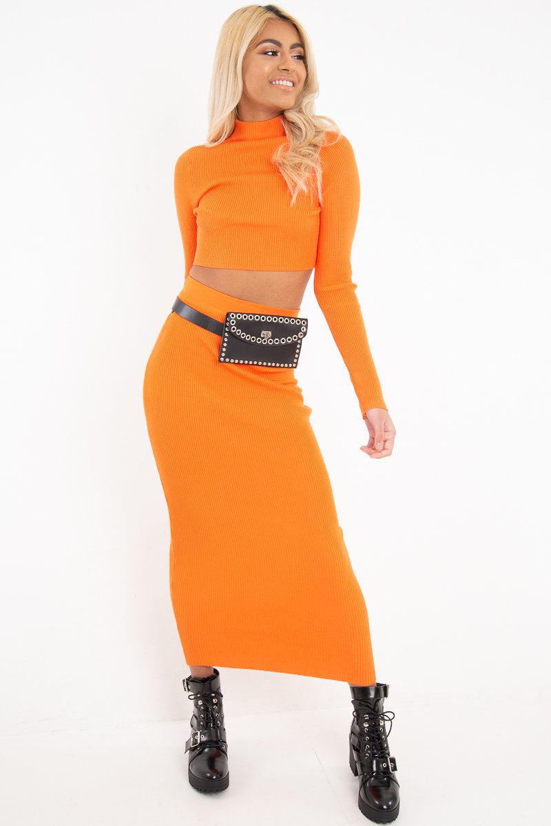 Orange High Neck Rib Knit Crop Jumper - Emogene-Crop Jumper