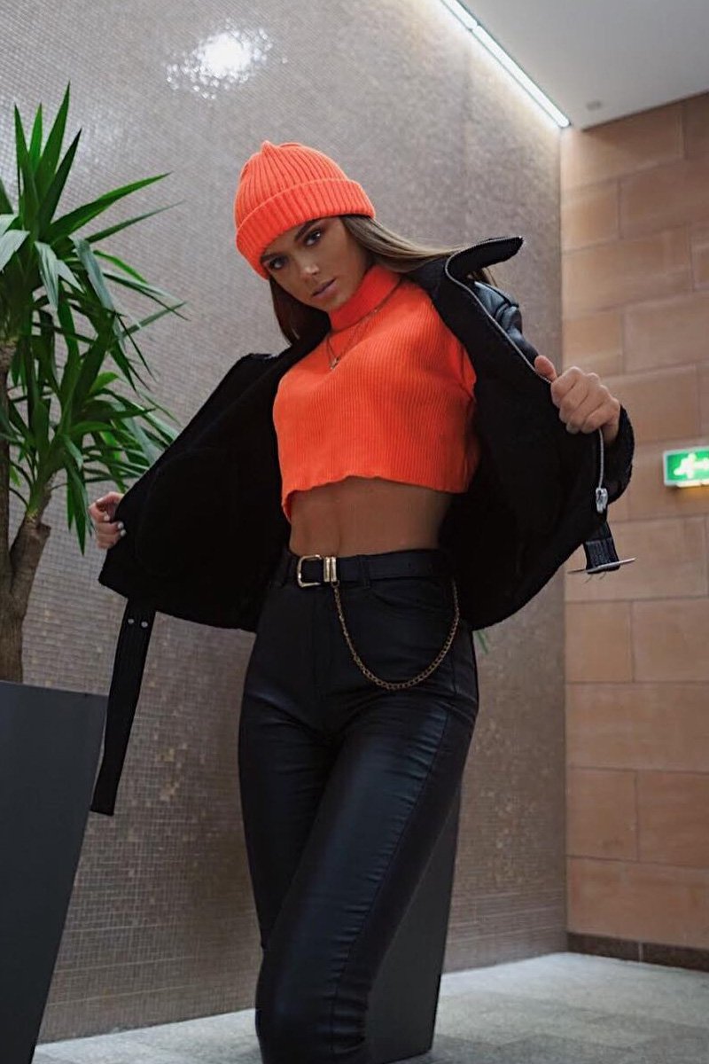 Orange High Neck Rib Knit Crop Jumper - Emogene-Crop Jumper