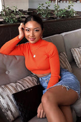 Orange High Neck Rib Knit Crop Jumper - Emogene-Crop Jumper