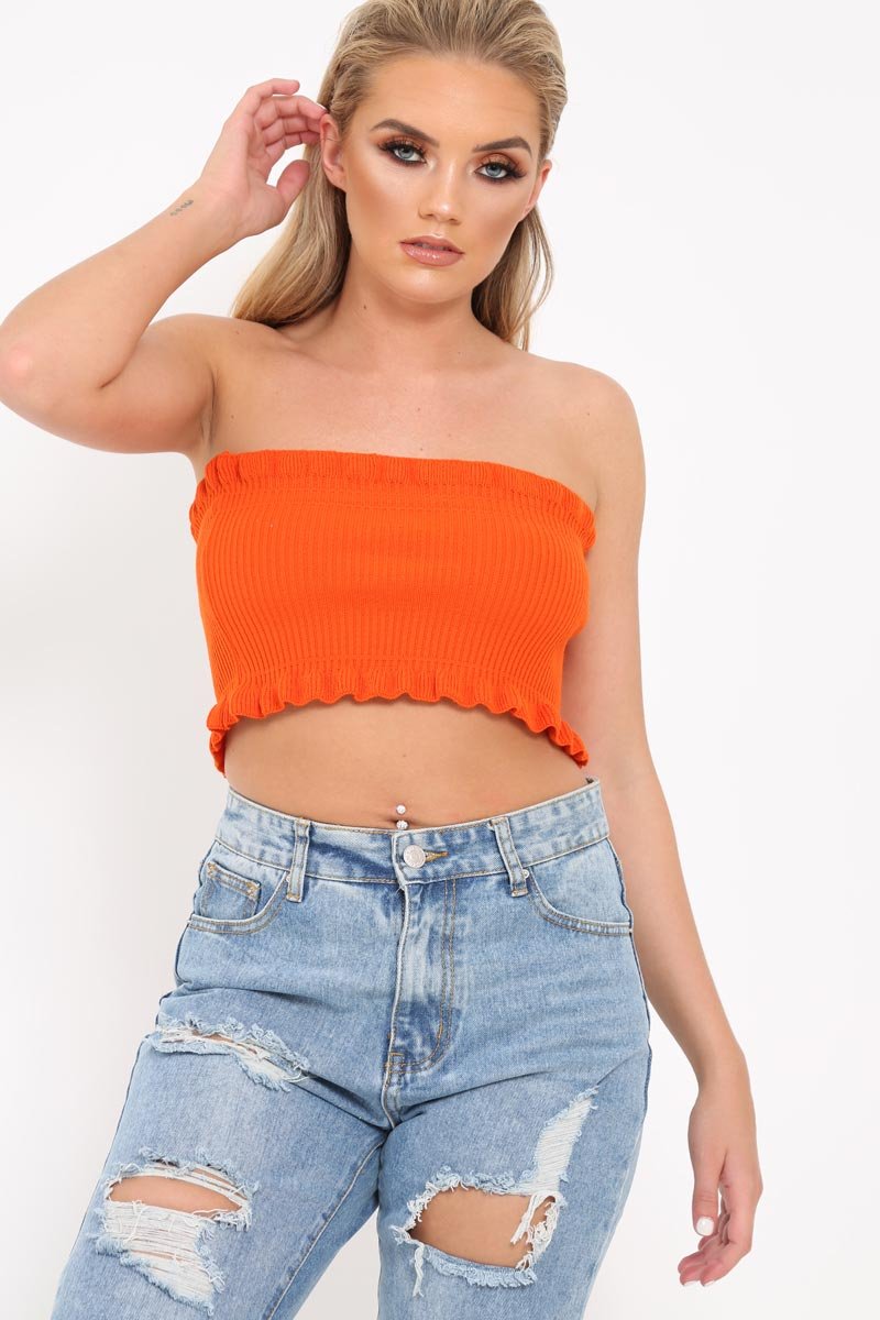 Orange Knit Ribbed Bandeau Top - Daylee-Crop Tops