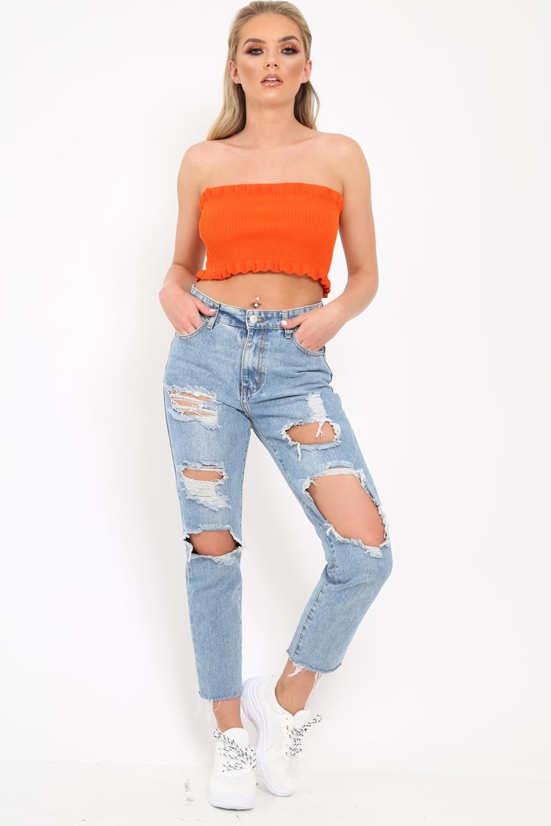 Orange Knit Ribbed Bandeau Top - Daylee-Crop Tops